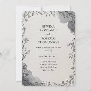 Heritage Grey Botanical Line Art Wedding Invitation