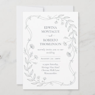 Heritage Hand Drawn Floral Leaf Minimalist Wedding Invitation