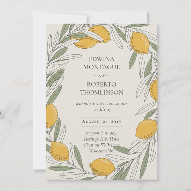 Heritage Lemon Olive Wreath Mediterranean Wedding Invitation (Front)