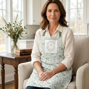 Heritage Luxury Sage French Toile Monogram Crest Apron