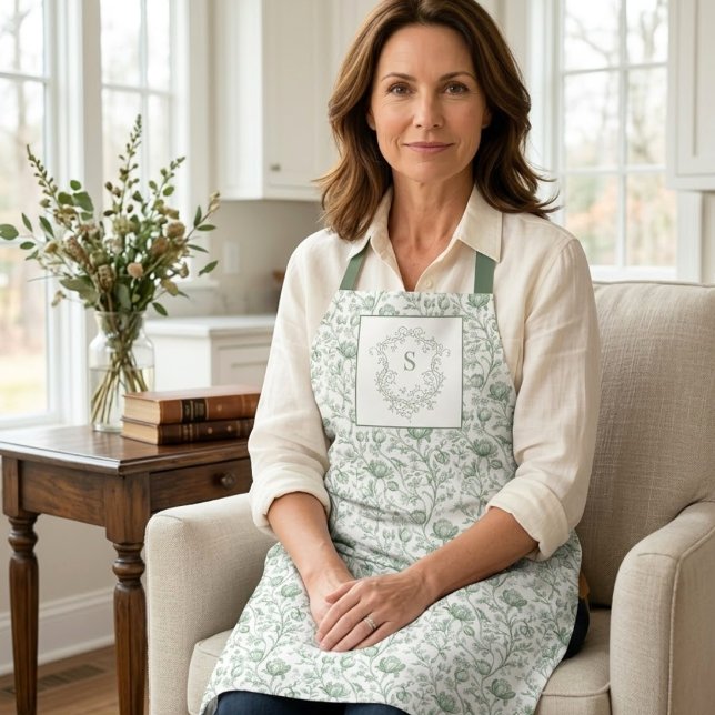 Heritage Luxury Sage French Toile Monogram Crest Apron (Creator Uploaded)