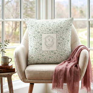 Heritage Luxury Sage French Toile Monogram Crest  Cushion