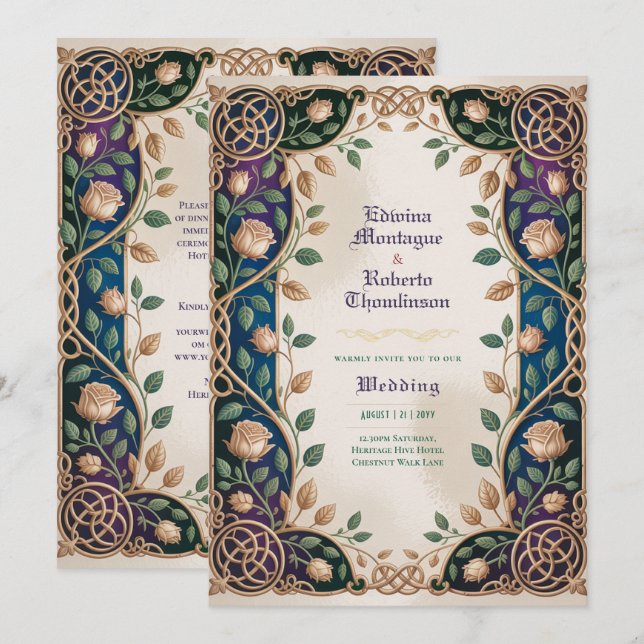 Heritage Mediaeval Celtic Knot Jewel Gold Wedding Invitation (Front/Back)