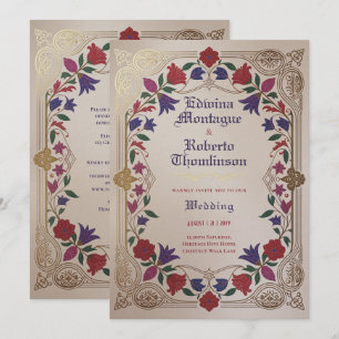 Heritage Medieval Floral Wedding Purple Red Gold Invitation