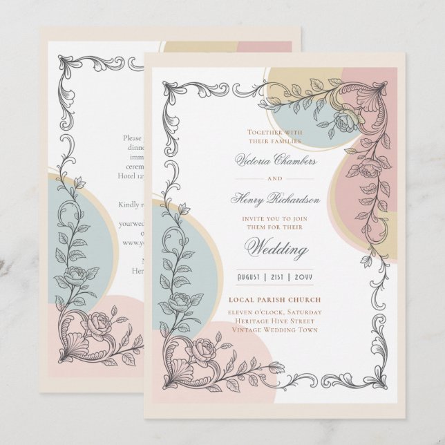 Heritage | Mid-Century Pastel Botanical Wedding Invitation (Front/Back)