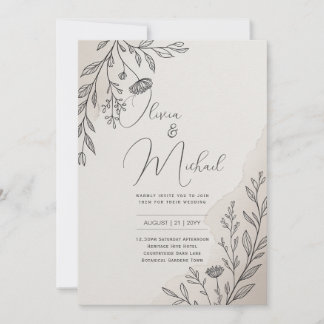 Heritage Minimal Floral Line Art Modern Wedding Invitation