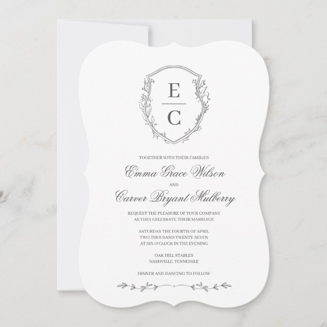 Heritage Monogram Crest Wedding Invitation Grey (Front)