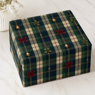 Heritage Navy Green Tartan Christmas Bows Bells Wrapping Paper