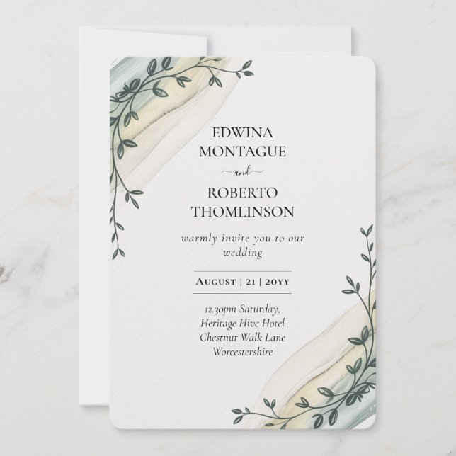 Heritage Olive Ribbon Minimalist Wedding Invitation (Front)