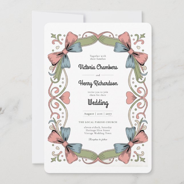 Heritage Retro 1950s Rockabilly Pastel Bow Wedding Invitation (Front)
