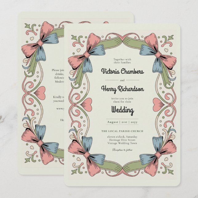 Heritage Retro 1950s Rockabilly Pastel Bow Wedding Invitation (Front/Back)