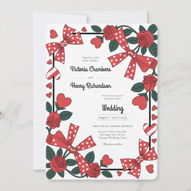 Heritage | Retro 1950s Rockabilly Red Rose Wedding Invitation (Front)