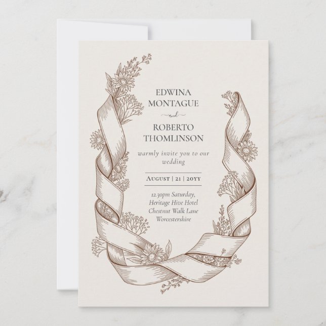 Heritage Rustic Sunflower Ribbon Botanical Wedding Invitation (Front)