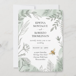 Heritage Sage Botanical Bee Wedding Invitation