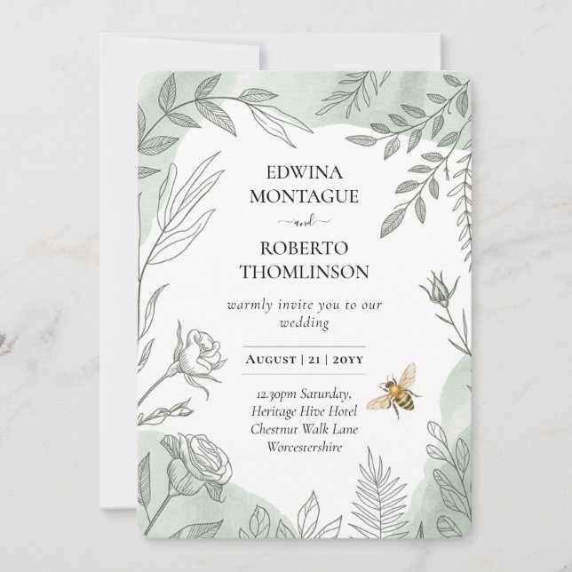 Heritage Sage Botanical Bee Wedding Invitation (Front)