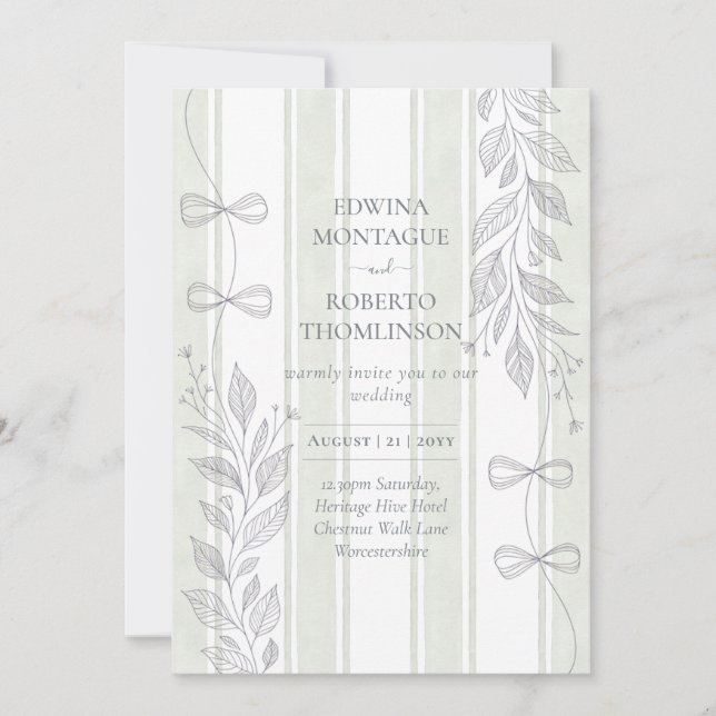 Heritage Sage Botanical Ribbon Line Bows Wedding Invitation (Front)