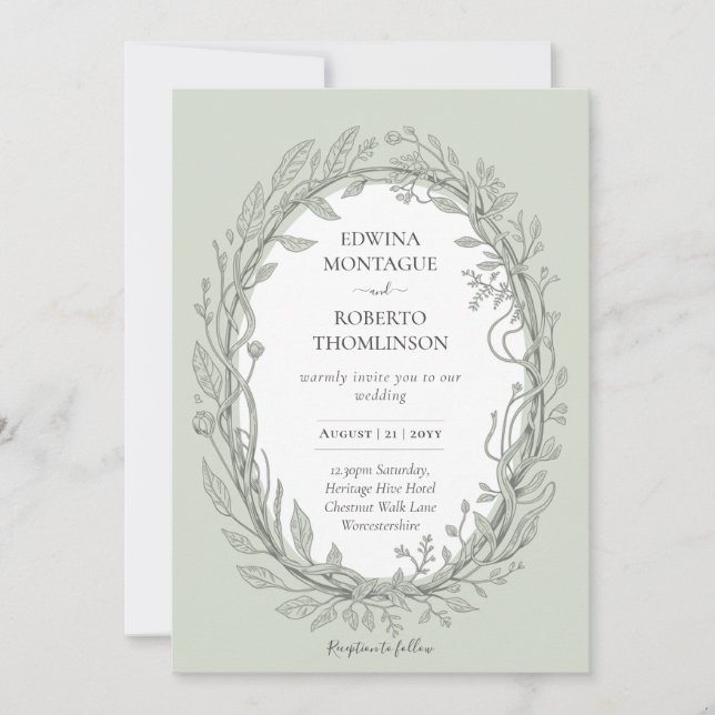 Heritage Sage Green Botanical Wreath Elegant Weddi Invitation (Front)