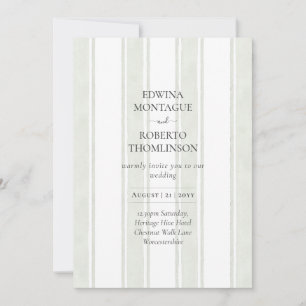 Heritage Sage Watercolor Stripe Minimalist Wedding Invitation