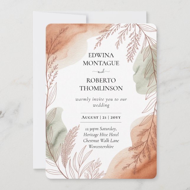 Heritage Terracotta and Sage Botanical Wedding Invitation (Front)