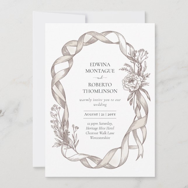 Heritage Vintage Ribbon & Peony Botanical Elegant Invitation (Front)