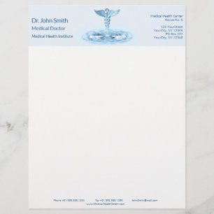 Hermes Rod Blue Caduceus Water Ripples Medical Custom Letterhead