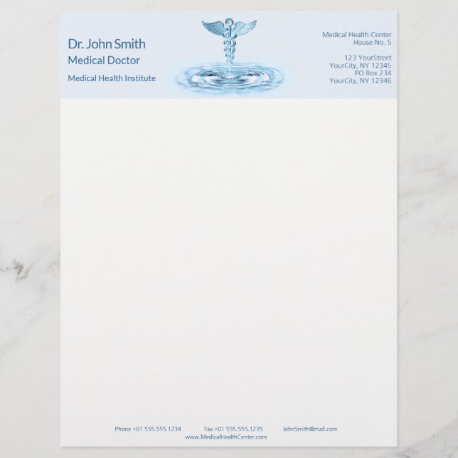 Hermes Rod Blue Caduceus Water Ripples Medical Custom Letterhead (Front)