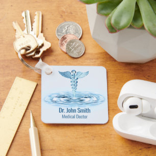Hermes Rod Caduceus Blue Water Ripples Medical Key Ring