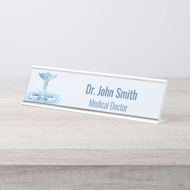 Hermes Rod Caduceus Water Ripples Blue Medical Desk Name Plate (Front)