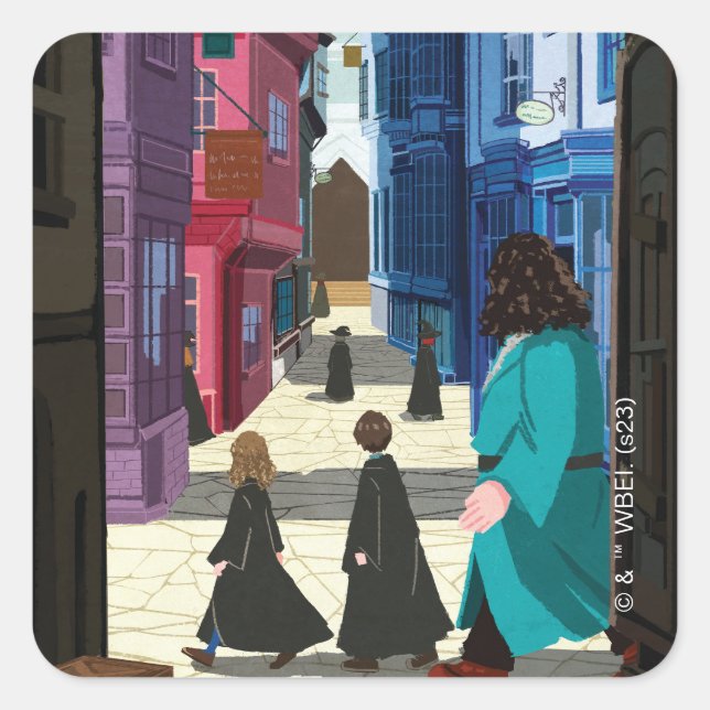 Hermione, HARRY POTTER™, & Hagrid in Diagon Alley Square Sticker (Front)