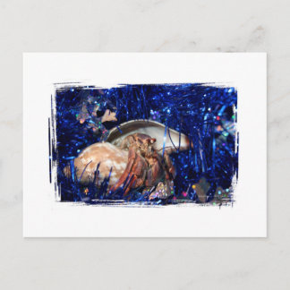 Hermit Crab Christmas Design Against Blue Tinsel Holiday Postcard