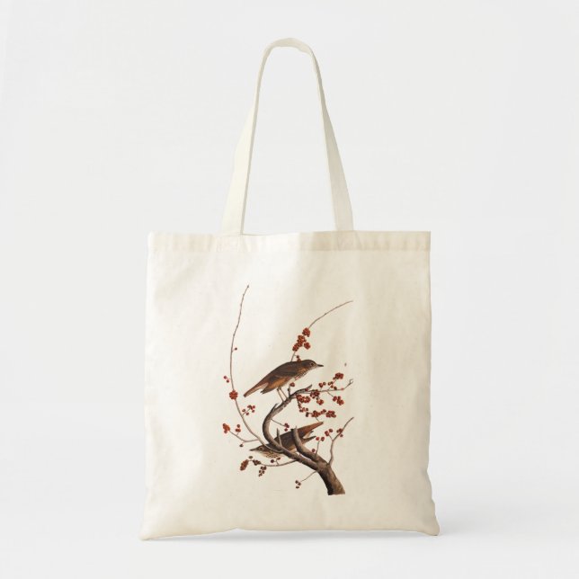 Hermit Thrush Audubon Bird with Red Berries Tote Bag (Front)