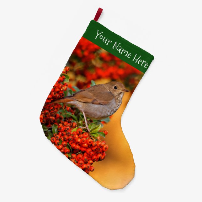 Hermit Thrush Songbird on the Scarlet Firethorn Large Christmas Stocking (Front (Hanging))