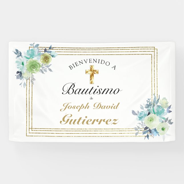 HERMOSO BAUTIZO BEBÉ CRUZADO DE ORO FLORAL AZUL  BANNER (Horizontal)