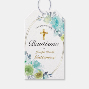 HERMOSO BAUTIZO BEBÉ CRUZADO DE ORO FLORAL AZUL  GIFT TAGS