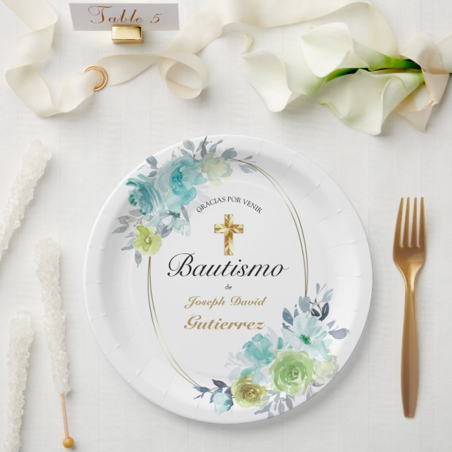 HERMOSO BAUTIZO BEBÉ CRUZADO DE ORO FLORAL AZUL PAPER PLATE (Wedding)