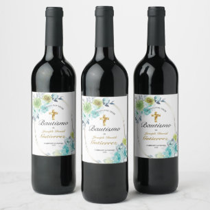 HERMOSO BAUTIZO BEBÉ CRUZADO DE ORO FLORAL AZUL   WINE LABEL