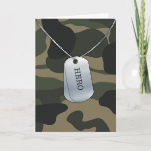 “Hero” Dog Tags On Camouflage Background Military Card