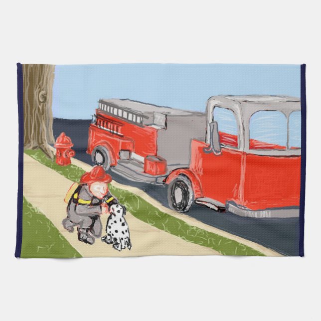 Hero Fireman & Dalmatian Kitchen Towel (Horizontal)