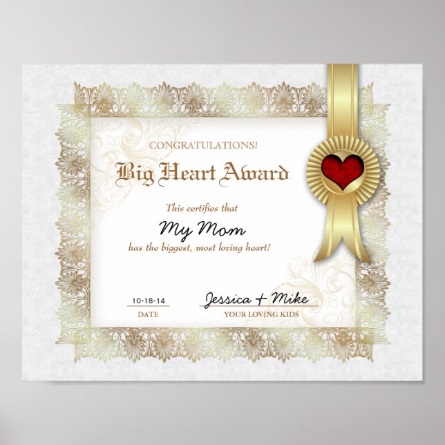 Hero Heart Love Award Certificate Best Mum Poster (Front)