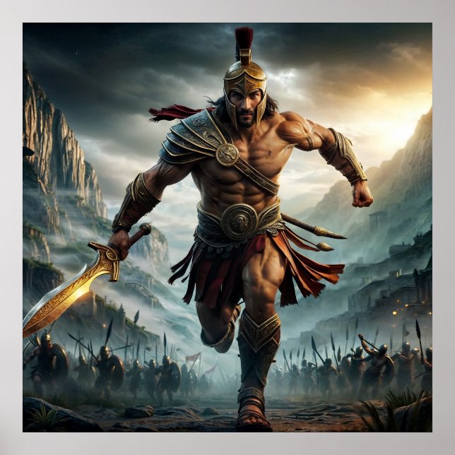 Heroic Bronze Epic Warrior Charging Digital Art Poster (Front)