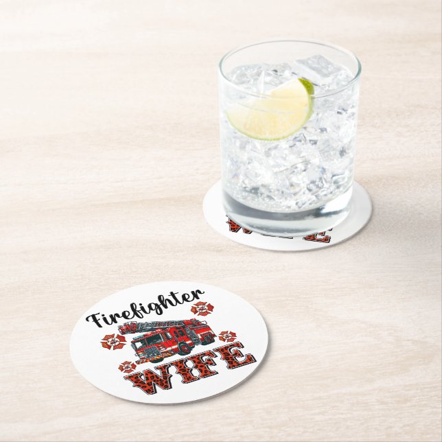 Heroic firefighter wife tribute in vibrant colours round paper coaster (Insitu)