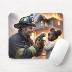 Heroic Firefighter With Kitten Mouse Mat