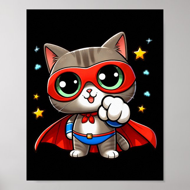 Heroic Super Cat With Cape Gift Men Kids Women Fun Poster (Front)