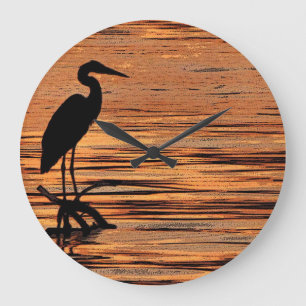 Heron at Sunset Large Clock