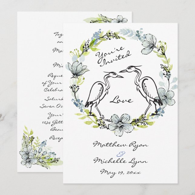 Heron Bird Couple and Flower Wreath Wedding Invite (Front/Back)