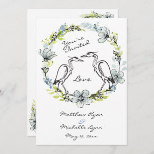 Heron Bird Couple and Flower Wreath Wedding Invite