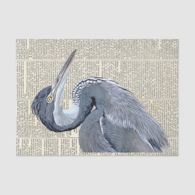 Heron Bird French Newspaper Vintage Decoupage Tissue Paper (Front)