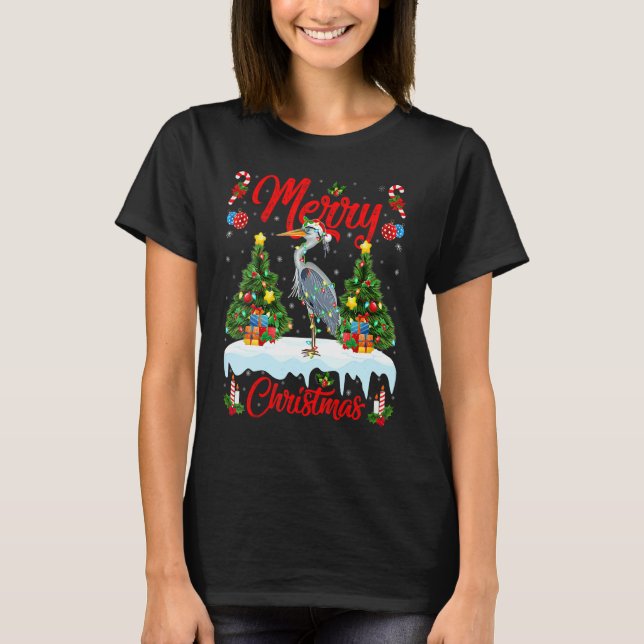Heron Bird Lights Xmas Tree Santa Heron Christmas T-Shirt (Front)