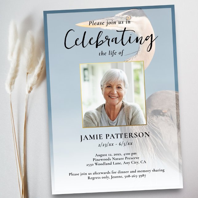 Heron Bird Lover Celebration of Life Photo Funeral Invitation (Creator Uploaded)