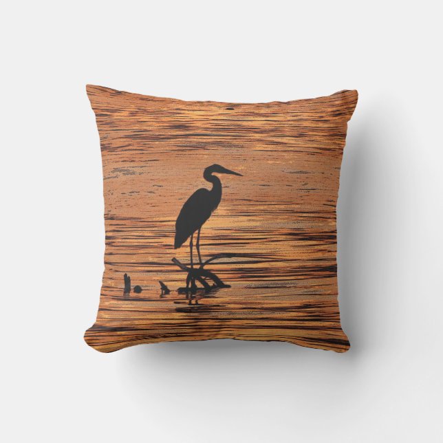 Heron Bird Orange Sunset Outdoor Pillow (Front)